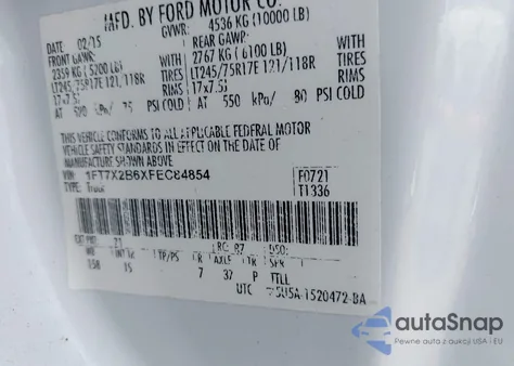 2015 Ford F-250 Xl из США, поврежденный, VIN 1FT7X2B6XFEC84854